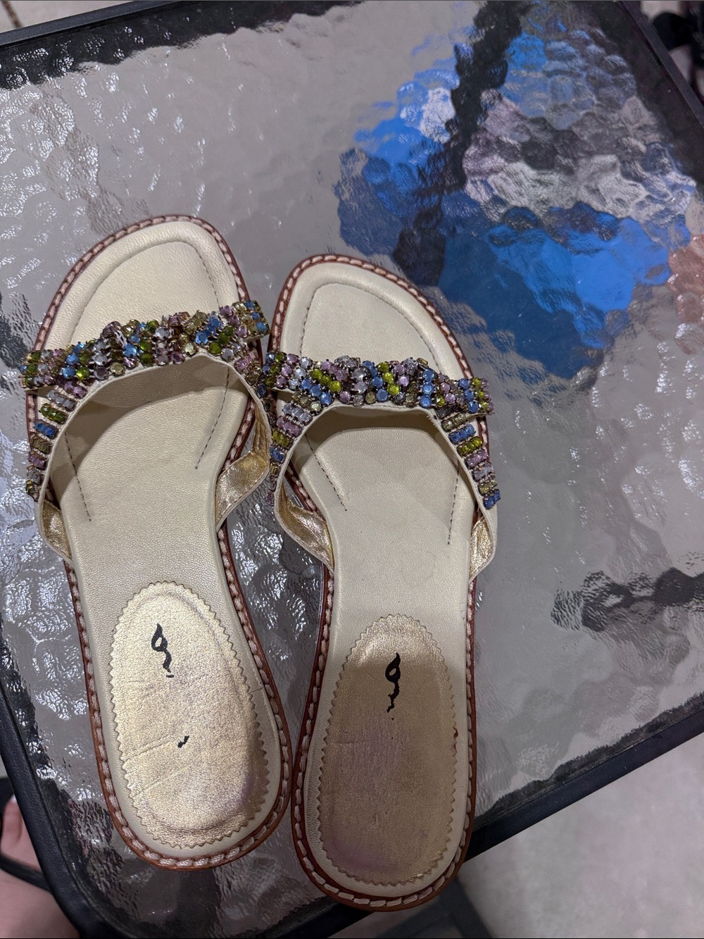 Vince Gold Slide Sandals with Multicolor Bead Embellishments